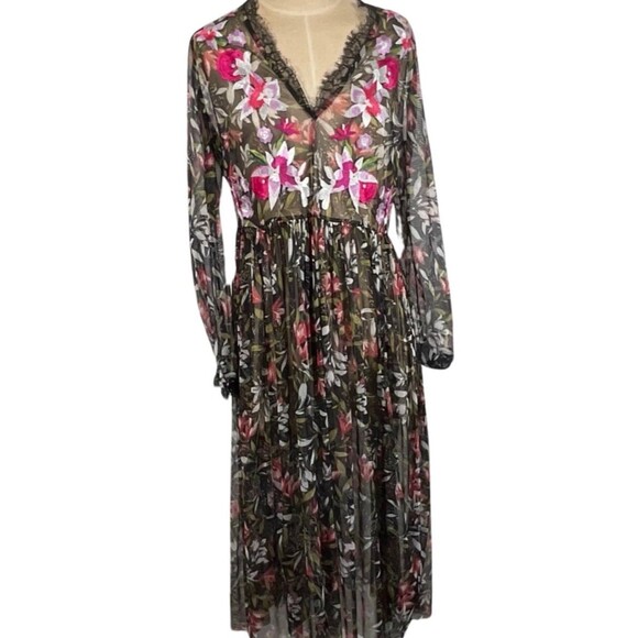 French Connection Romantic Sheer Floral Print Dress Lace L Black Pink New NWT - Picture 1 of 8
